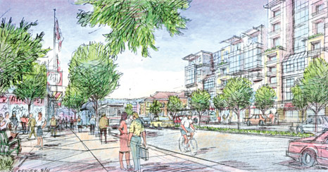 Rendering of a redesigned Geneva Avenue looking Southeast (towards Upper Yard development).