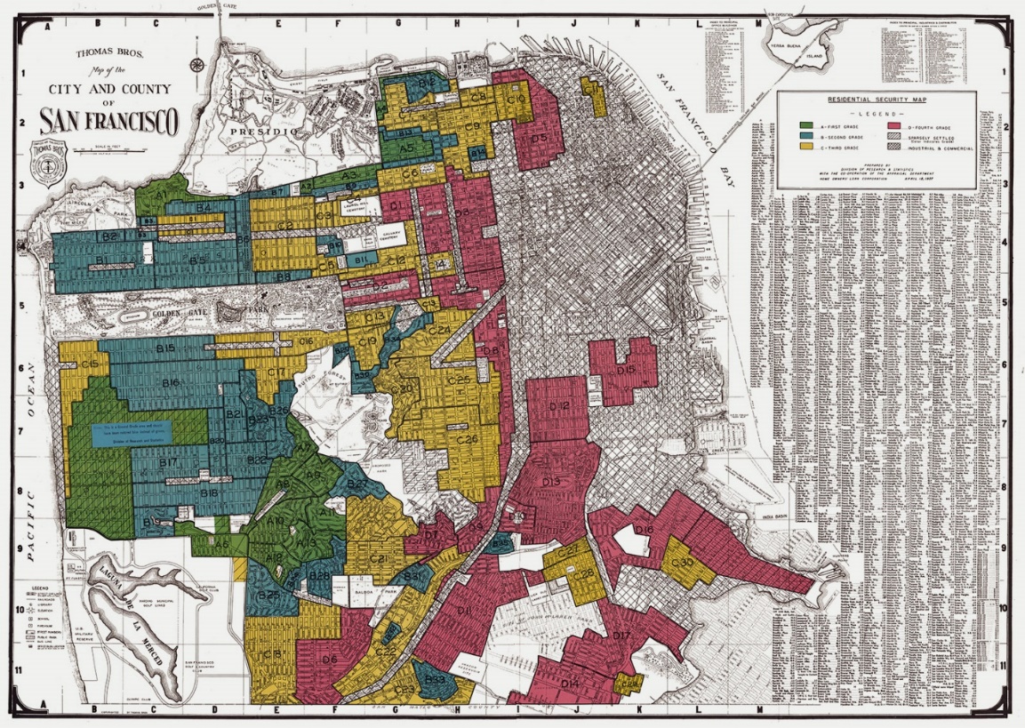 Figure 12. Redlining map shows in red neighborhoods that were discriminated for home and improvement loans.